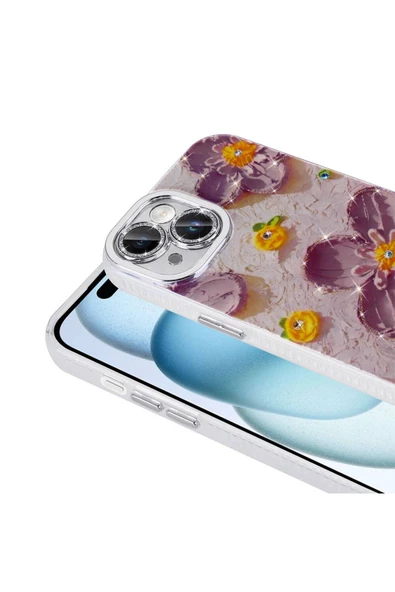 CEPCASE    Apple  iPhone 14 Kılıf Flower Garden Desenli Diamond Taşlı Parlak Hard Silikon Kapak - 3