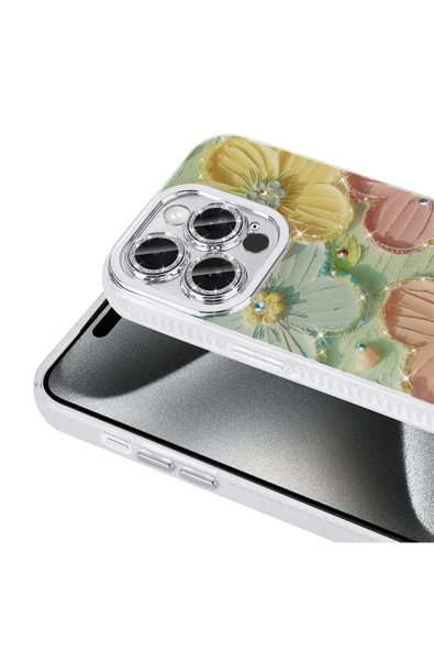 CEPCASE    Apple  iPhone 15 Pro Kılıf Flower Garden Desenli Diamond Taşlı Parlak Hard Silikon Kapak - Resim 5