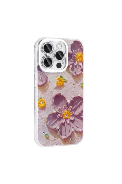 CEPCASE    Apple  iPhone 15 Pro Kılıf Flower Garden Desenli Diamond Taşlı Parlak Hard Silikon Kapak - Resim 3