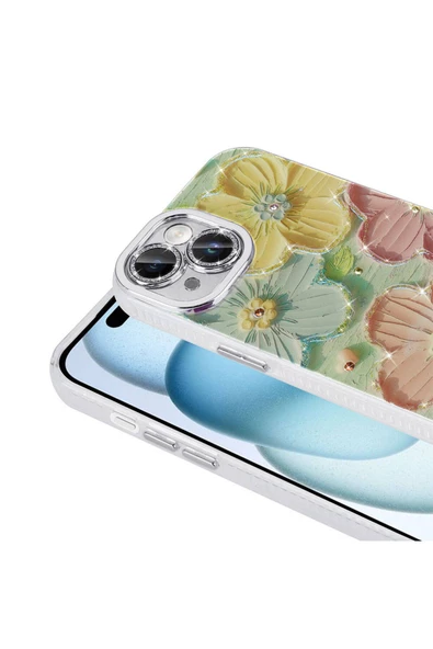 CEPCASE    Apple  iPhone 14 Kılıf Flower Garden Desenli Diamond Taşlı Parlak Hard Silikon Kapak - 5