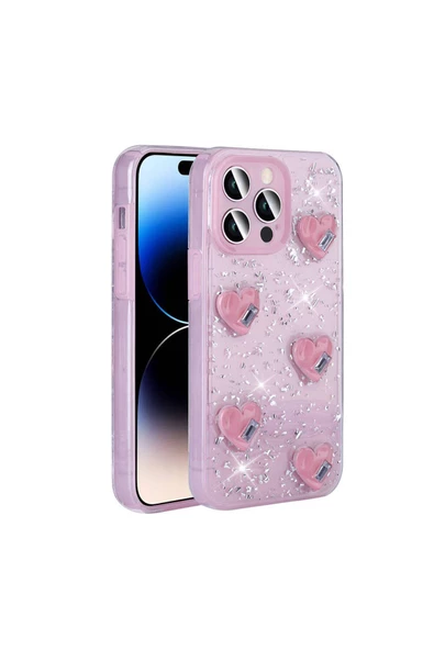 CEPCASE    Apple  iPhone 14 Pro Max Kılıf Happy Love Simli Airbagli Işıltılı  Tam Kalıp Silikon Kapak