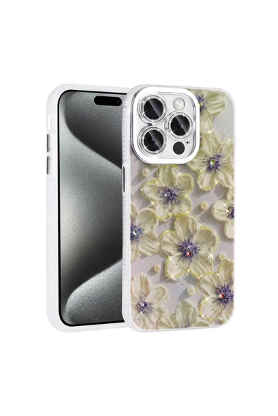 CEPCASE    Apple  iPhone 15 Pro Kılıf Flower Garden Desenli Diamond Taşlı Parlak Hard Silikon Kapak ürün görseli