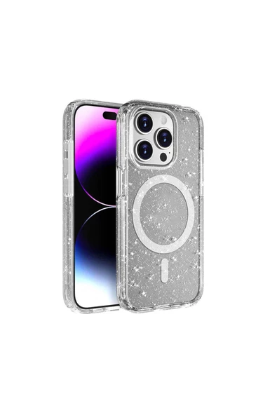 CEPCASE    Apple  iPhone 15 Pro Kılıf Wireless Magsafe Şarj Özellikli Diamond Simli Parlak Renkli Tam Koruma