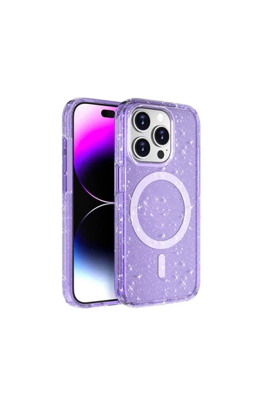CEPCASE    Apple iPhone 15 Pro Max Kılıf Wireless Magsafe Şarj Özellikli Diamond Simli Parlak Renkli Tam Koruma