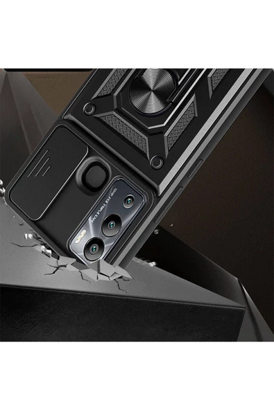 CEPCASE    İnfinix Hot 12i Kılıf Standlı Magnet Mıknatıslı Yüzük Sürgülü Kamera Armored Zırhlı Kapak - Resim 3