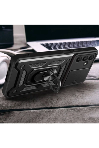 CEPCASE    Samsung Galaxy A15 Kılıf Standlı Magnet Mıknatıslı Yüzük Sürgülü Kamera Armored Zırhlı Kapak - Resim 3