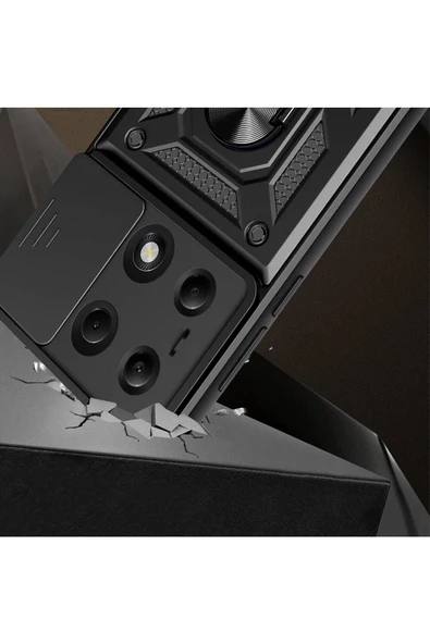 CEPCASE    Xiaomi Poco M6 Pro 4G Kılıf Standlı Magnet Mıknatıslı Yüzük Sürgülü Kamera Armored Zırhlı Kapak - Resim 3