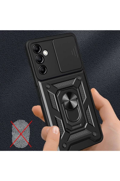 CEPCASE    Samsung Galaxy A14 Kılıf Standlı Magnet Mıknatıslı Yüzük Sürgülü Kamera Armored Zırhlı Kapak - Resim 3