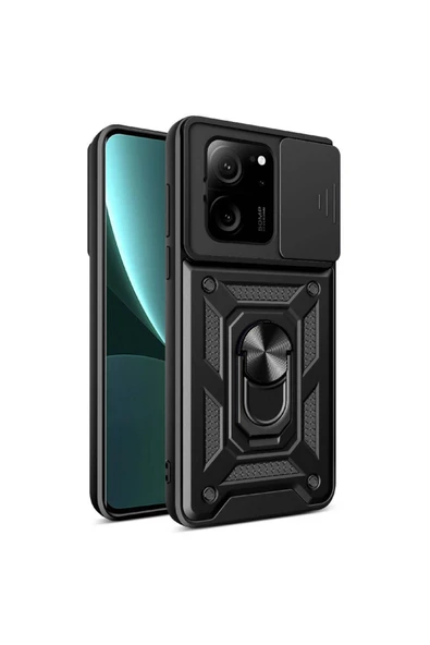 CEPCASE    Xiaomi Mi 13T Pro Kılıf Standlı Magnet Mıknatıslı Yüzük Sürgülü Kamera Armored Zırhlı Kapak