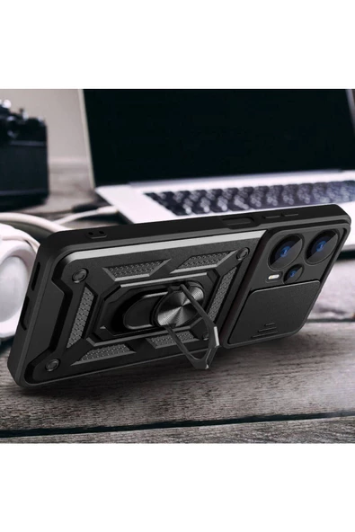 CEPCASE    Xiaomi Poco F5 Kılıf Standlı Magnet Mıknatıslı Yüzük Sürgülü Kamera Armored Zırhlı Kapak - Resim 6
