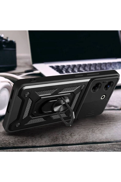 CEPCASE    Tecno Camon 20 Pro 5G Kılıf Standlı Magnet Mıknatıslı Yüzük Sürgülü Kamera Armored Zırhlı Kapak - Resim 6