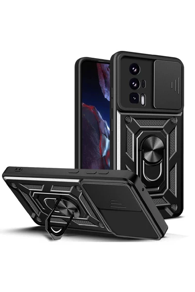CEPCASE    Xiaomi Poco F5 Pro Kılıf Standlı Magnet Mıknatıslı Yüzük Sürgülü Kamera Armored Zırhlı Kapak - Resim 2