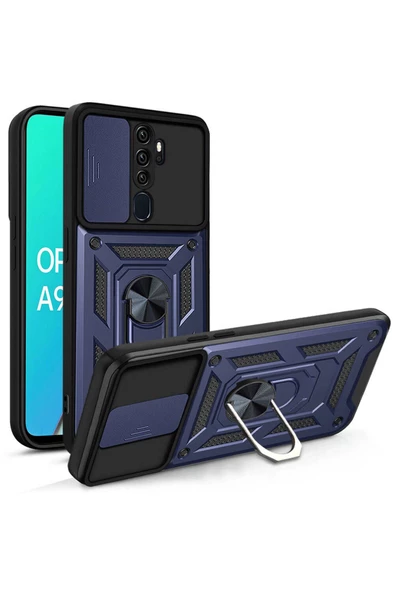 CEPCASE    Oppo A9 2020 Kılıf Standlı Magnet Mıknatıslı Yüzük Sürgülü Kamera Armored Zırhlı Kapak
