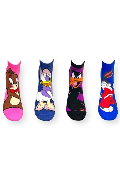 Me-vo 4'lü Çizgi Film Karakterli Unisex Esnek Nem Alabilen Pamuklu Çok Renkli Patik Çoraplar ürün görseli