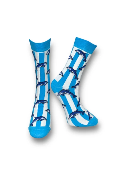 Me-vo 3'lü Deniz Temalı Hayvan Desenli Unisex Esnek Nem Alabilen Pamuklu Mavi Renkli Soket Çoraplar - Resim 4