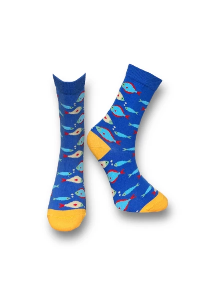 Me-vo 3'lü Deniz Temalı Hayvan Desenli Unisex Esnek Nem Alabilen Pamuklu Mavi Renkli Soket Çoraplar - Resim 2