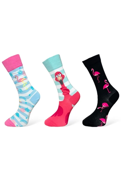 Me-vo 3'lü Çok Renkli Unisex Esnek Nem Alabilen Pamuklu Flamingo Desenli Soket Çoraplar ürün görseli