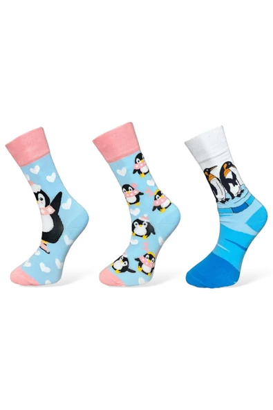 Me-vo 3'lü Penguen Desenli Unisex Esnek Nem Alabilen Pamuklu Mavi Renkli Soket Çoraplar