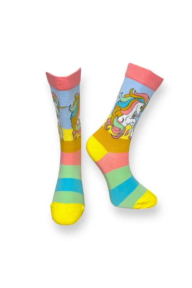 Me-vo 2'li Unicorn Desenli Unisex Esnek Nem Alabilen Pamuklu Çok Renkli Soket Çoraplar - 2