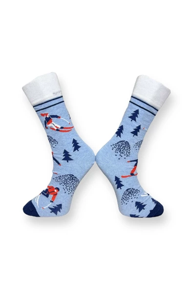 Me-vo 2'li Açık Mavi Renkli Unisex Esnek Nem Alabilen Pamuklu Eğlenceli Aktivite Temalı Soket Çoraplar - Resim 3