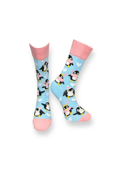 Me-vo 3'lü Penguen Desenli Unisex Esnek Nem Alabilen Pamuklu Mavi Renkli Soket Çoraplar - Resim 4