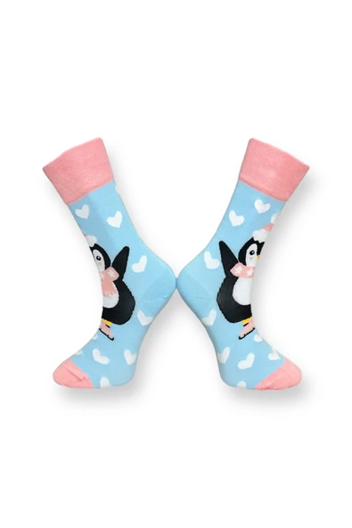 Me-vo 3'lü Penguen Desenli Unisex Esnek Nem Alabilen Pamuklu Mavi Renkli Soket Çoraplar - Resim 3