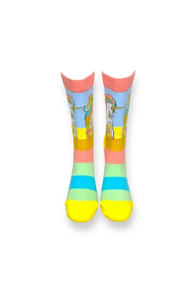 Me-vo 2'li Unicorn Desenli Unisex Esnek Nem Alabilen Pamuklu Çok Renkli Soket Çoraplar - 4