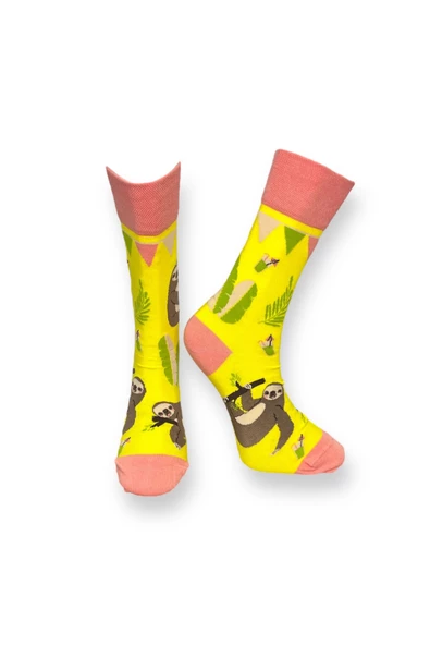 Me-vo 2'li Sarı Renkli Unisex Esnek Nem Alabilen Pamuklu Hayvan Desenlı Soket Çoraplar - Resim 2