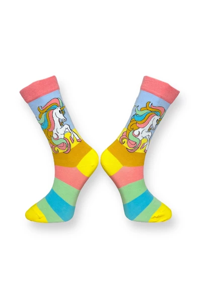 Me-vo 2'li Unicorn Desenli Unisex Esnek Nem Alabilen Pamuklu Çok Renkli Soket Çoraplar - 3