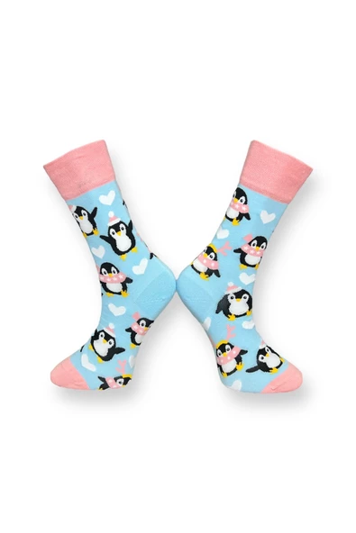 Me-vo 3'lü Penguen Desenli Unisex Esnek Nem Alabilen Pamuklu Mavi Renkli Soket Çoraplar - Resim 5