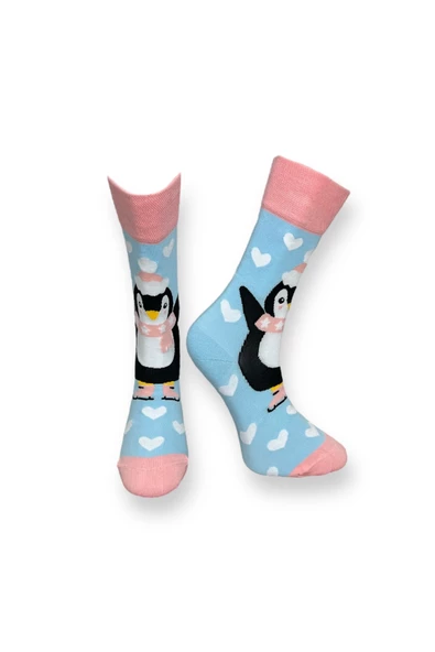 Me-vo 3'lü Penguen Desenli Unisex Esnek Nem Alabilen Pamuklu Mavi Renkli Soket Çoraplar - Resim 2