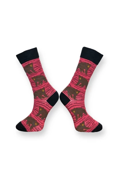 Me-vo 2'li Kırmızı - Bordo Renkli Unisex Esnek Nem Alabilen Pamuklu Hayvan Desenli Soket Çoraplar - Resim 6