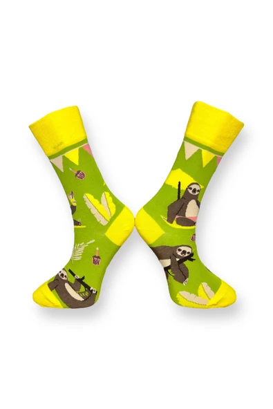 Me-vo 2'li Sarı Renkli Unisex Esnek Nem Alabilen Pamuklu Hayvan Desenlı Soket Çoraplar - Resim 6