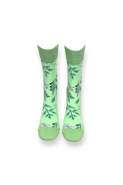 Me-vo 2'li Yeşil Renkli Yeşillik Desenli Unisex Esnek Nem Alabilen Pamuklu Soket Çoraplar - Resim 4