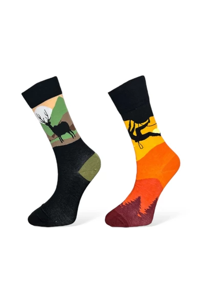 Me-vo 2'li Doğa Temalı Unisex Esnek Nem Alabilen Pamuklu Renkli Soket Çoraplar ürün görseli