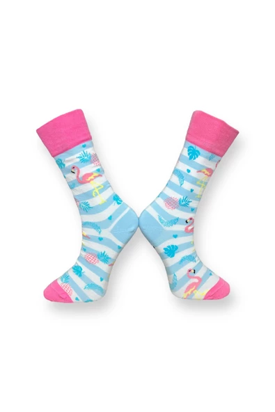 Me-vo 3'lü Çok Renkli Unisex Esnek Nem Alabilen Pamuklu Flamingo Desenli Soket Çoraplar - Resim 3