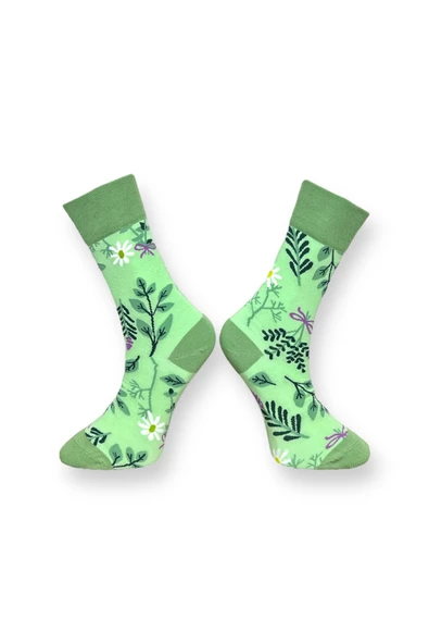 Me-vo 2'li Yeşil Renkli Yeşillik Desenli Unisex Esnek Nem Alabilen Pamuklu Soket Çoraplar - Resim 3