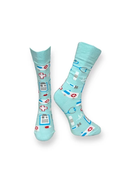 Me-vo 4'lü Çok Renkli Unisex Esnek Nem Alabilen Pamuklu Doktor Desenli Soket Çoraplar - Resim 4