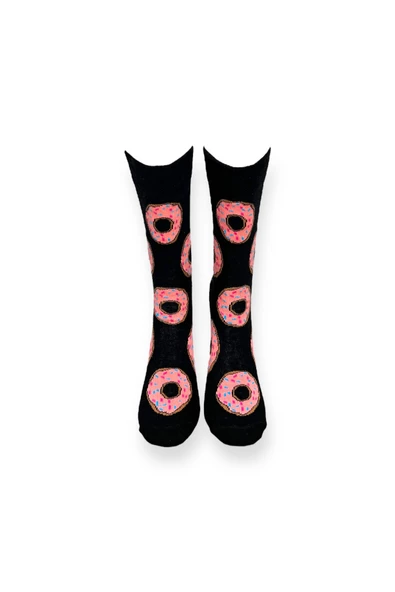 Me-vo Tekli Siyah Renkli Unisex Esnek Nem Alabilen Pamuklu Donut Desenli Soket Çorap - Resim 3