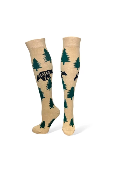 Me-vo Tekli Bej Renkli Uzun Unisex Esnek Nem Alabilen Pamuklu Hayvan Desenli Dizüstü Çorap - Resim 2