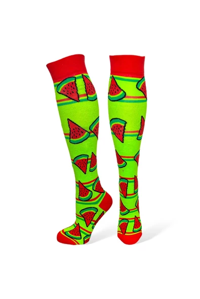Me-vo Tekli Yeşil Renkli Uzun Unisex Esnek Nem Alabilen Pamuklu Karpuz Desenli Dizüstü Çorap - Resim 2