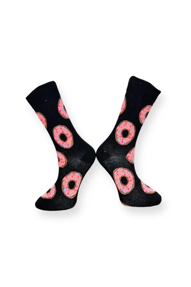 Me-vo Tekli Siyah Renkli Unisex Esnek Nem Alabilen Pamuklu Donut Desenli Soket Çorap - Resim 2