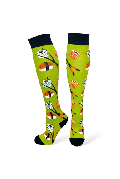Me-vo Tekli Yeşil Renkli Uzun Unisex Esnek Nem Alabilen Pamuklu Suşi Desenli Dizüstü Çorap - Resim 2