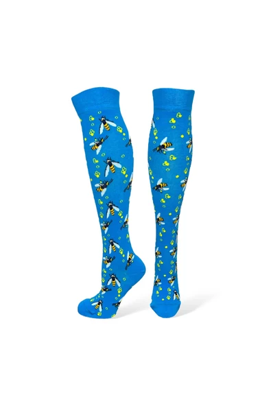 Me-vo Tekli Mavi Renkli Uzun Unisex Esnek Nem Alabilen Pamuklu Arı Desenli Dizüstü Çorap - Resim 2
