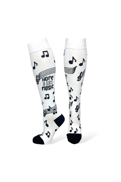 Me-vo Tekli Beyaz Renkli Uzun Unisex Esnek Nem Alabilen Pamuklu Müzikal Dizüstü Çorap - Resim 2