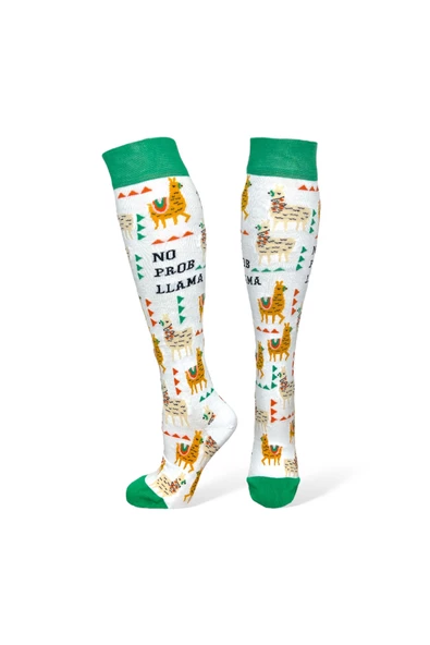 Me-vo Tekli Beyaz Renkli Uzun Unisex Esnek Nem Alabilen Pamuklu Lama Desenli Dizüstü Çorap - Resim 2