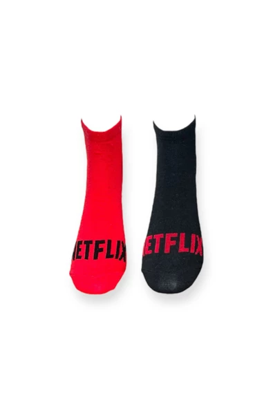 Me-vo 2'li Siyah-Kırmızı Renkli Unisex Esnek Nem Alabilen Pamuklu Yazı İşlemeli Patik Çoraplar ürün görseli