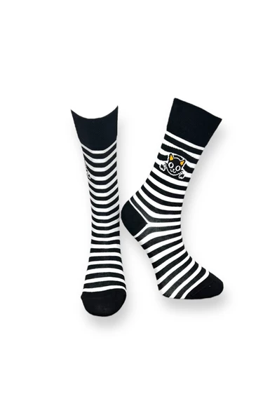 Me-vo 2'li Siyah Renkli Unisex Esnek Nem Alabilen Pamuklu Çizgili ve Pati Desenli Soket Çoraplar - Resim 3