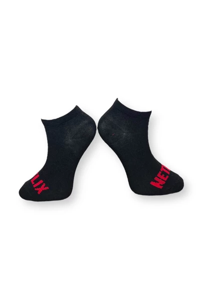 Me-vo 2'li Siyah-Kırmızı Renkli Unisex Esnek Nem Alabilen Pamuklu Yazı İşlemeli Patik Çoraplar - Resim 6