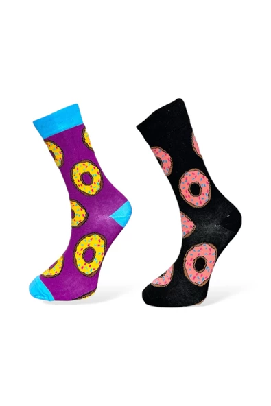 Me-vo 2'li Renkli Unisex Esnek Nem Alabilen Pamuklu Donut Desenli Soket Çoraplar